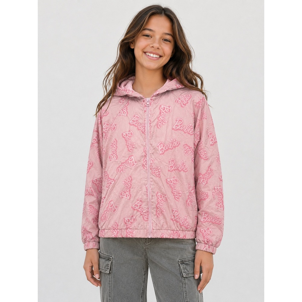 Barbie Girls Pink All Over Logo Print Hooded Windbreaker Jacket Size 14 L Zip Up